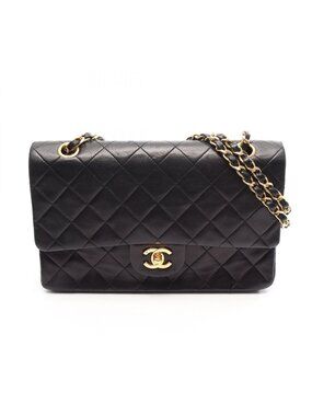 Chanel Shoulder Bag Quilted Double Flap Black Lambskin Chain